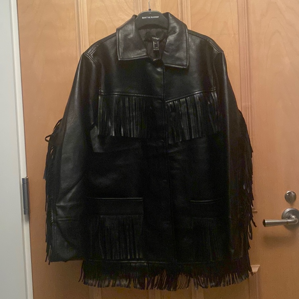 Fringe Faux Leather Jacket in Black Size Small